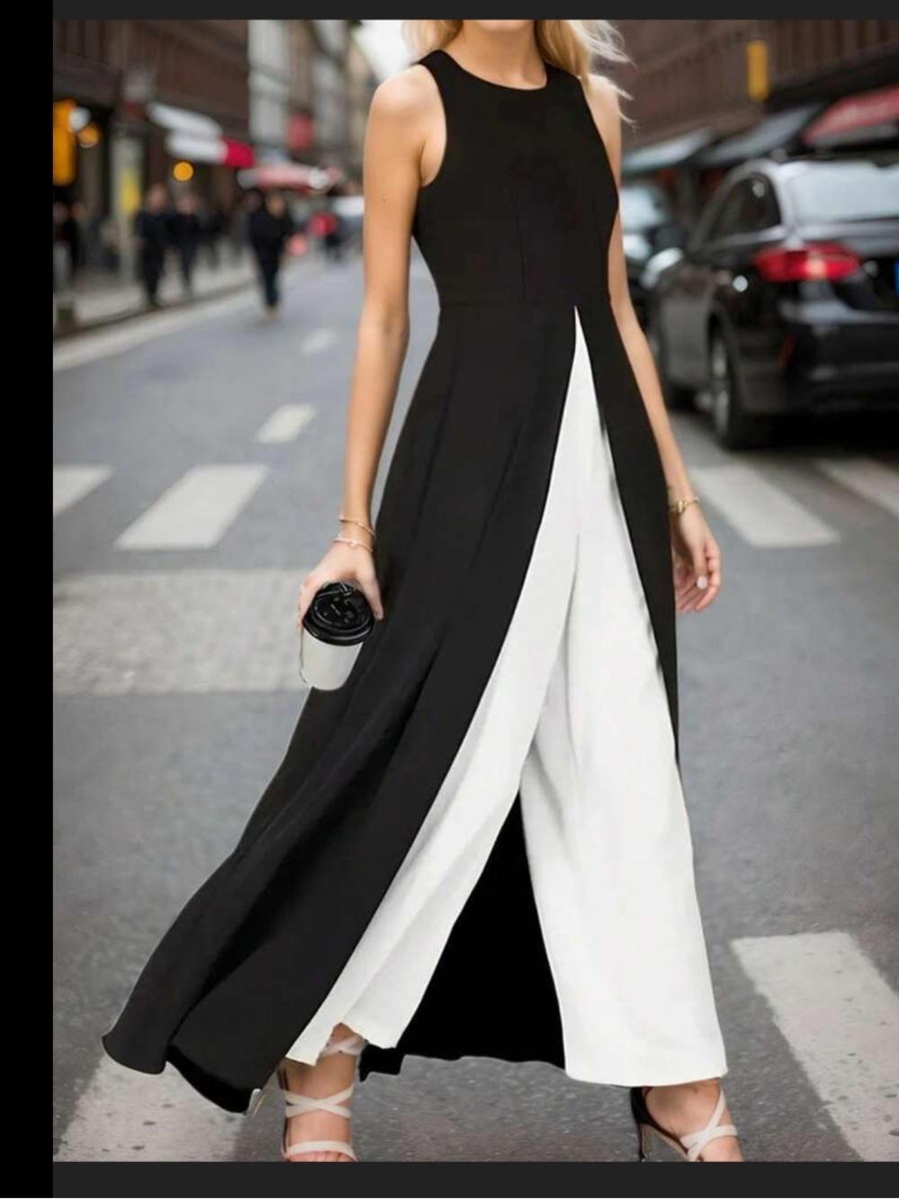 MISSLOOK Black and White Sleeveless pant suit .
